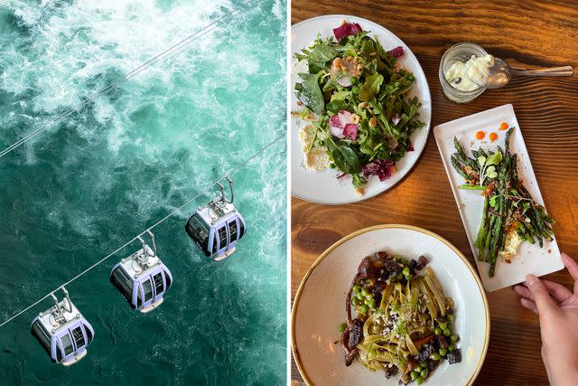 <p>From left: Jason Hummel/Courtesy of Visit Spokane; Christine Tran/Courtesy of Gander & Ryegrass</p> From left: The Skyride over Spokane Falls; arugula salad, asparagus with smoked mushroom, and nettle tagliatelle at Gander & Ryegrass.