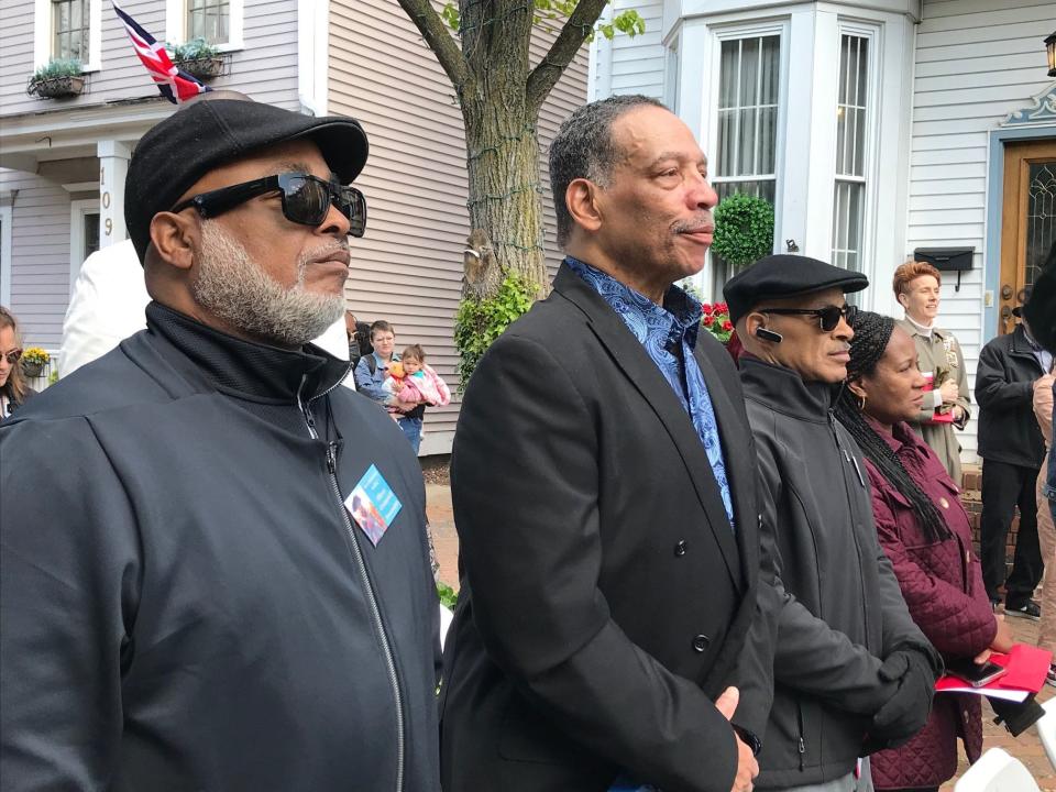 Hutton family members from Burlington City attend a ceremony dedicating an historic marker there Wednesday on the home of their ancestor, Oliver Cromwell, a Revolutionary War solder who crossed the Delaware with George Washington. From left are  Mark, Edward III and Rev. Timothy Hutton.