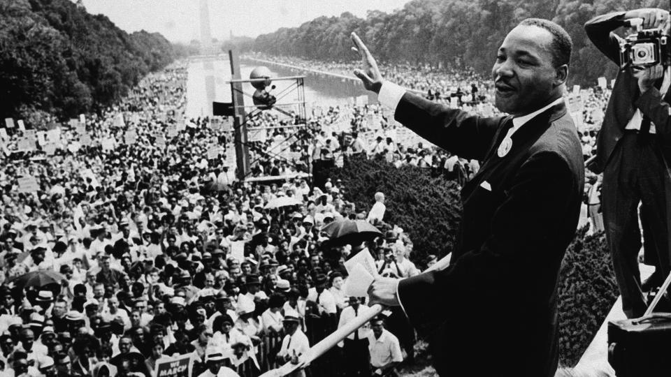 Dr. Martin Luther King Jr addresses the crowd at the March On Washington, August 28, 1963. / Credit: CNP / Getty Images