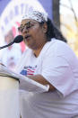 Michelle Colon, co-founder and executive director of SHERO, reminds the audience that the government "need not interfere in the reproductive lives of women," during an abortion rights rally at Smith Park in Jackson, Miss., Wednesday, Dec. 1, 2021. The U.S. Supreme Court on Wednesday heard a Mississippi case that directly challenges the constitutional right to an abortion established nearly 50 years ago. (AP Photo/Rogelio V. Solis)