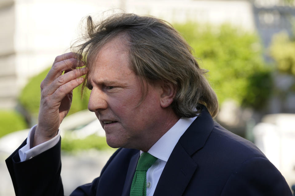 Former White House counsel Don McGahn departs after appearing for questioning behind closed doors by the House Judiciary Committee on Capitol Hill in Washington, Friday, June 4, 2021. (AP Photo/Patrick Semansky)