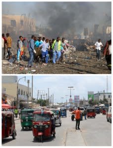 A combination picture shows a file photo (top) of civilians carrying the body of an unidentified man from the scene of an explosion on KM4 street in the Hodan district of Mogadishu, Somalia October 14, 2017 and traffic flowing along the street October 10, 2018. REUTERS/Feisal Omar