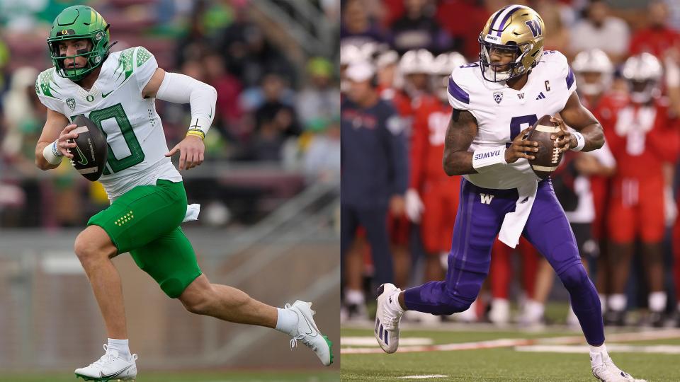 Quarterbacks Bo Nix (left) of Oregon and Michael Penix Jr. of Washington are Heisman contenders in 2023. The two players had similar journeys ahead of their matchup Saturday in Seattle.