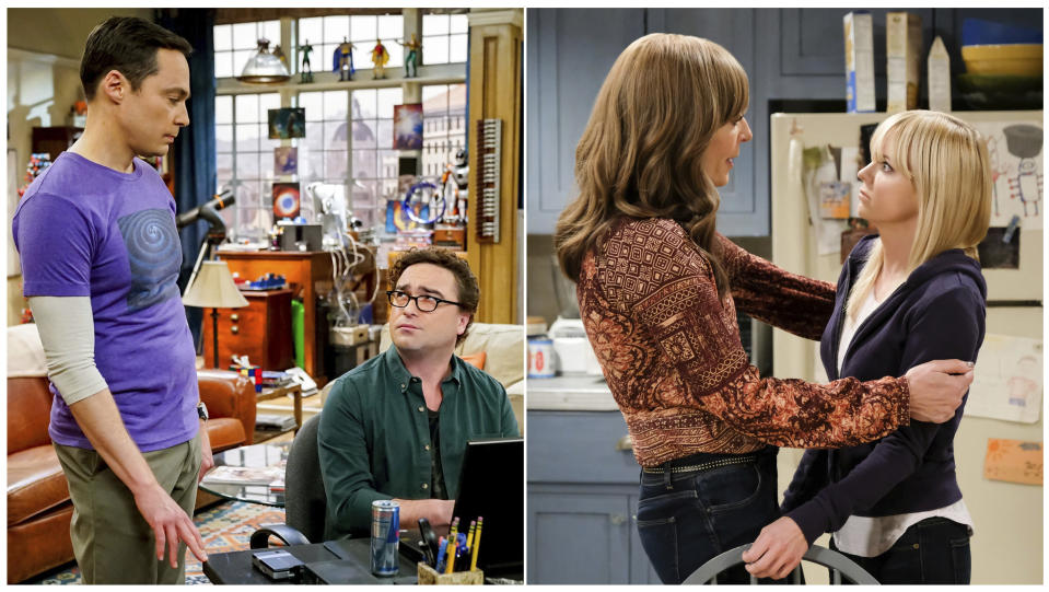 This combination of photos released by CBS shows, from left, Jim Parsons and Johnny Galecki in a scene from the comedy series "The Big Bang Theory," and Allison Janney and Anna Faris, right, in a scene from the comedy series "Mom," two successful network shows by Chuck Lorre. (CBS via AP)