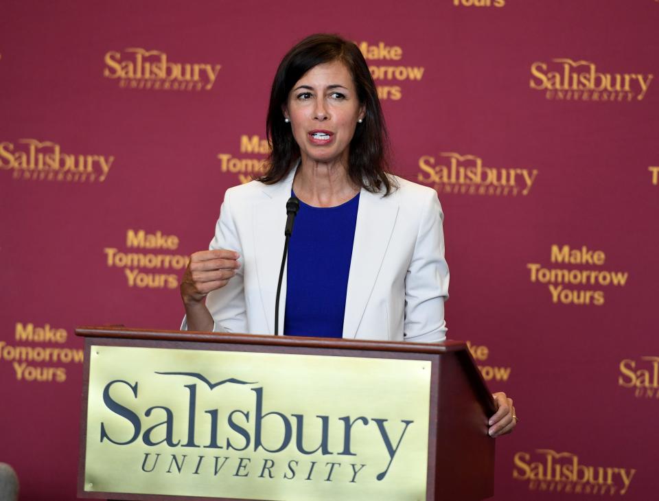 FCC Chairwoman Jessica Rosenworcel gives a speech on the Affordable Connectivity Program after a training session for the program at Salisbury University Tuesday, Aug. 29, 2023, in Salisbury, Maryland.