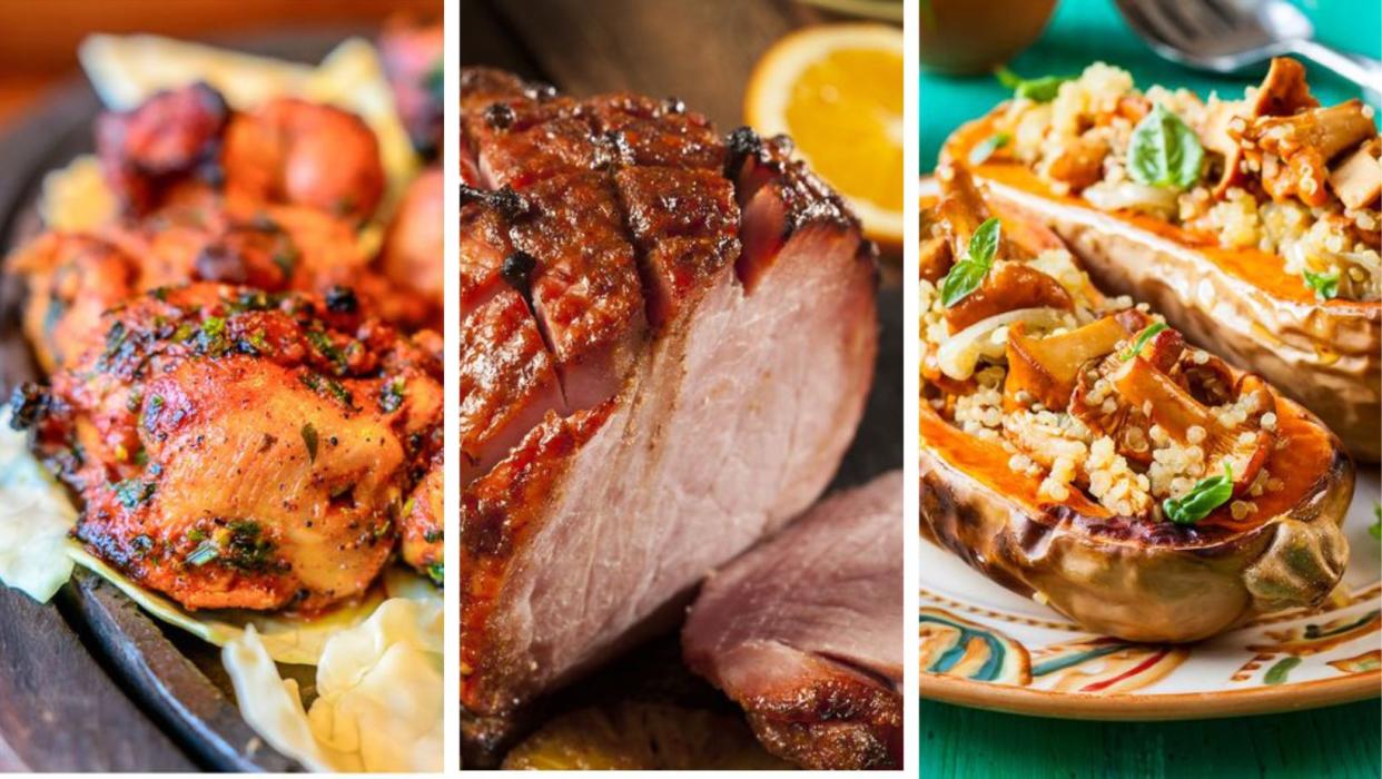 Three images: Closeup of tandoori chicken, Baked Ham (with Brown Sugar Glaze), and Stuffed Roasted Butternut Squash