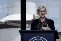 U.S. Energy Secretary Jennifer Granholm speaks as reactor three is seen, Friday, May 31, 2024, in Waynesboro, Ga. Granholm visited a newly completed nuclear reactor at the Alvin W. Vogtle Electric Generating Plant. (AP Photo/Mike Stewart)