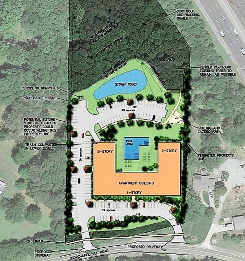 An early concept plan shows a 90-apartment building wrapped around a pool at 5500 Old Chapel Hill Road. Roughly a third of the site could remain undeveloped but be used for walking trails, a disc golf course and a dog park.