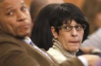 Terri Hernandez, center, mother of former New England Patriots NFL football player Aaron Hernandez, watches during the murder trial for her son, in Fall River, Massachusetts January 29, 2015. Hernandez is accused of murdering semi-professional football player Odin Lloyd. REUTERS/Steven Senne/Pool (UNITED STATES - Tags: SPORT CRIME LAW)