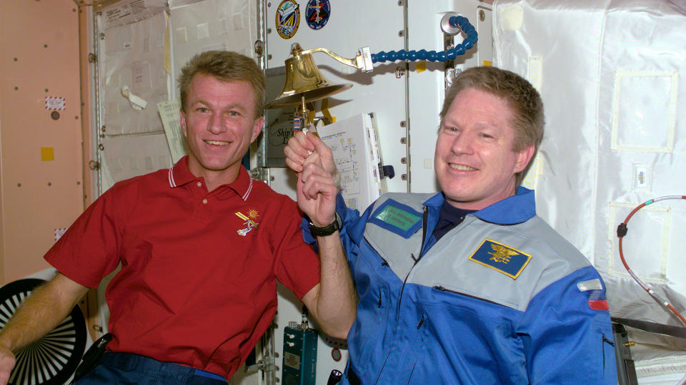 One of the first decorations added by the crew of the International Space Station was the shio bell, a tradition adopted from the U.S. Navy (pictured here with Brent Jett and Bill Shepherd in 2000).