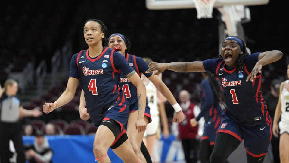 St. John's guard Jayla Everett (4) reacts after hitting the game winning shot against Purdue in the second half of a First Four women's college basketball game in the NCAA Tournament Thursday, March 16, 2023, in Columbus, Ohio. St. John's won 66-64. (AP Photo/Paul Sancya)
