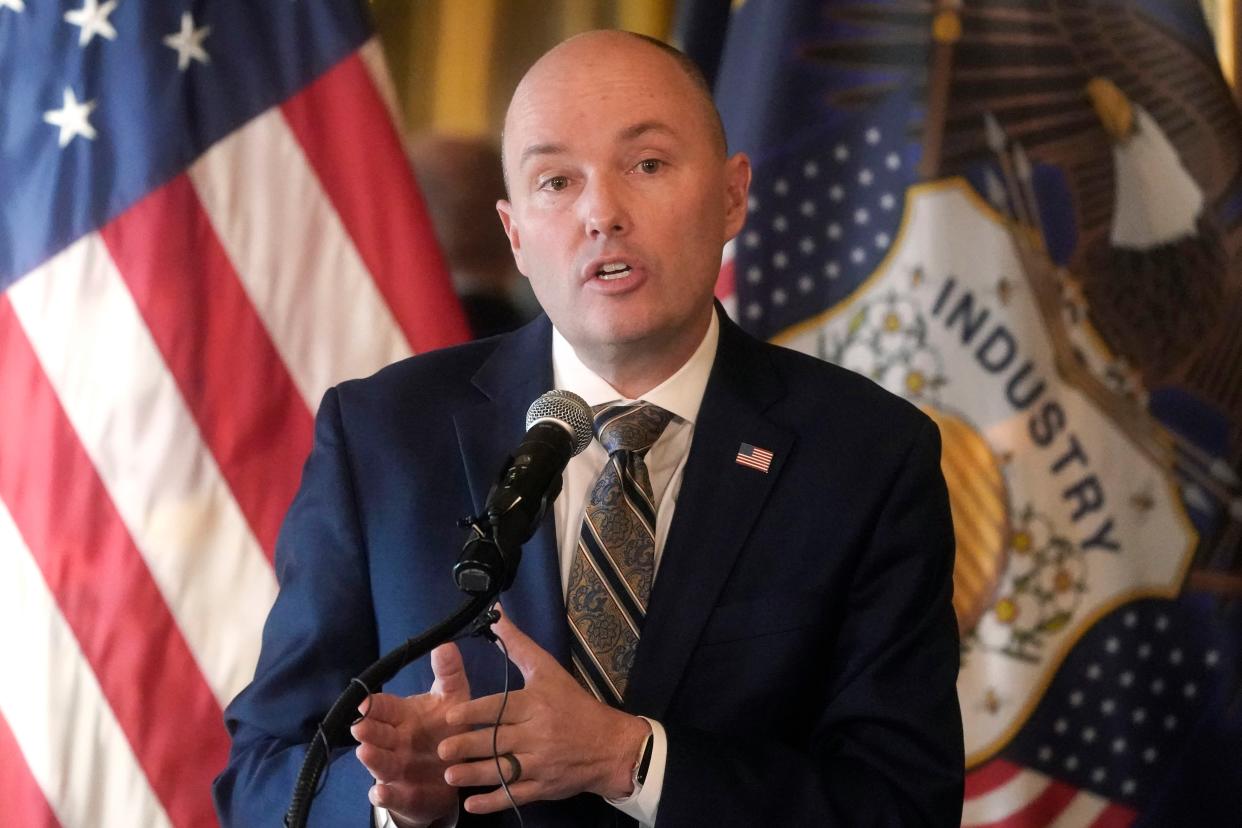 Utah Gov. Spencer Cox speaks during a news conference at the Utah State Capitol onFeb. 18, 2022, in Salt Lake City. 
