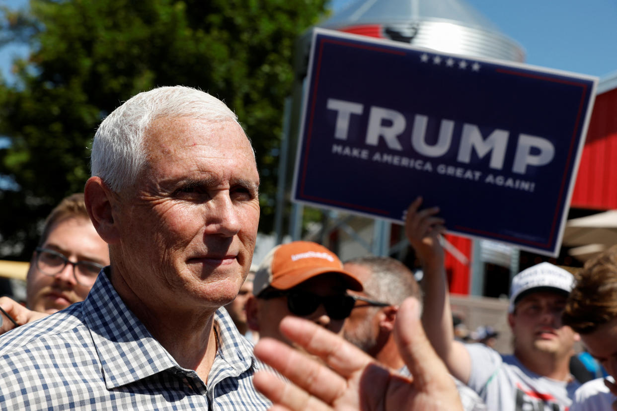 Republican U.S. presidential candidate and former Vice President Mike Pence campaigns for the 2024 Republican presidential nomination at the Iowa State Fair in Des Moines, Iowa, U.S. August 11, 2023. REUTERS/Evelyn Hockstein