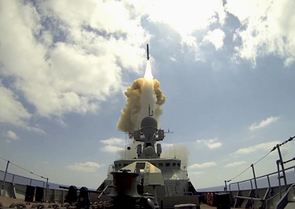 FILE - In this frame grab provided by Russian Defense Ministry press service, a long-range Kalibr cruise missile is launched by a Russian Navy ship in the eastern Mediterranean, Friday, Aug. 19, 2016. The latest Russian missile barrage against Ukraine’s civilian infrastructure on Thursday, March 9, 2023 has marked one of the largest such attacks in months. Russian warships have fired Kalibr cruise missiles at targets in Ukraine. (Russian Defense Ministry Press Service photo via AP, File)