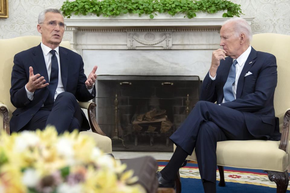 FILE - President Joe Biden meets with NATO Secretary General Jens Stoltenberg in the Oval Office of the White House, Tuesday, June 13, 2023, in Washington. Biden will spend four days in three nations next week as he travels through Europe tending to alliances that have been tested by Russia's invasion of Ukraine. The centerpiece of the trip will be the annual NATO summit, this year in the Lithuanian capital of Vilnius. (AP Photo/Manuel Balce Ceneta, File)