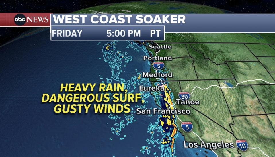 PHOTO: An ABC News graphic shows the weather forecast in California on Friday, Dec. 29, 2023.  (ABC News)