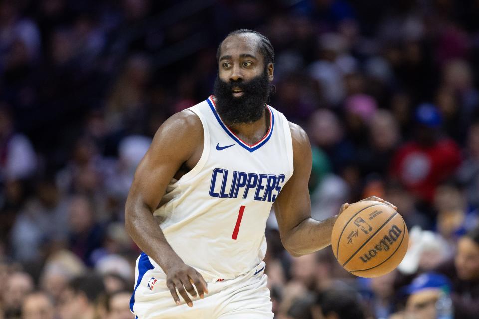 LA Clippers guard James Harden (1) dribbles the ball in a game against the Philadelphia 76ers during the third quarter at Wells Fargo Center on March 27, 2024, in Philadelphia.