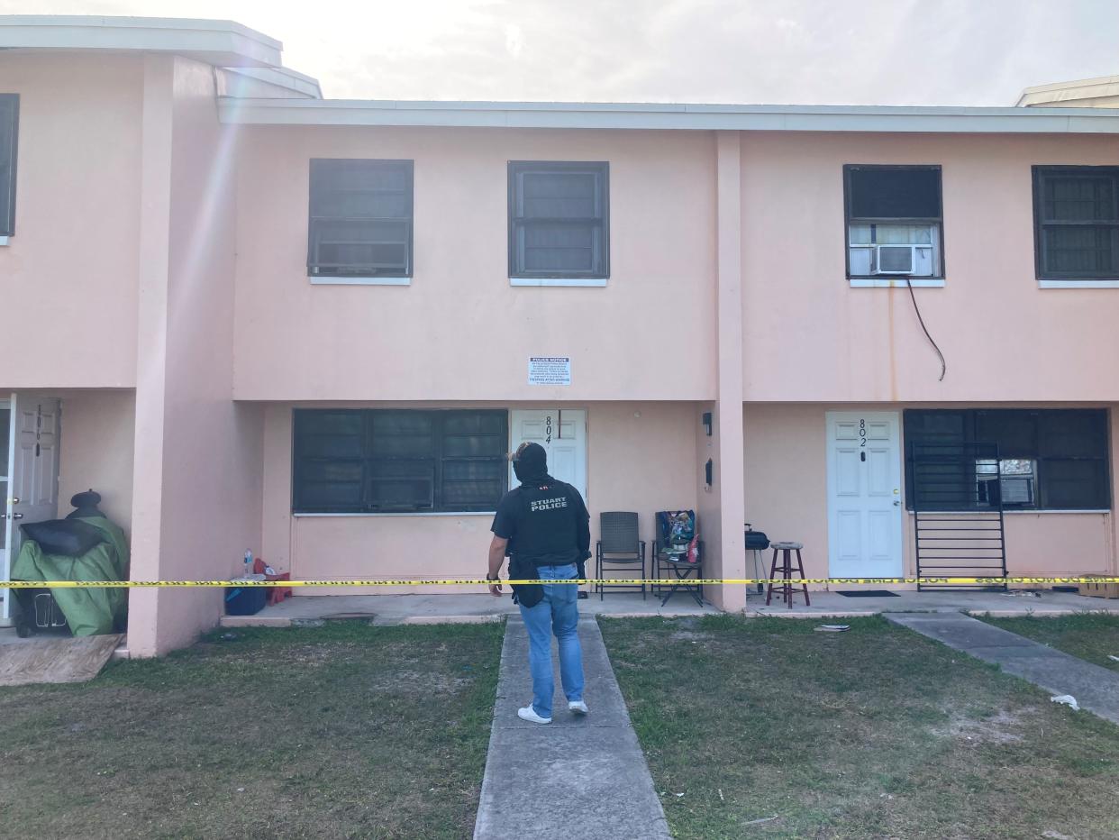 Stuart Police investigate at an address in the 800 block of Southeast Spruce Avenue in East Stuart regarding a report made at 11:44 a.m. Monday, April 1, 2024, of a person who had been shot.