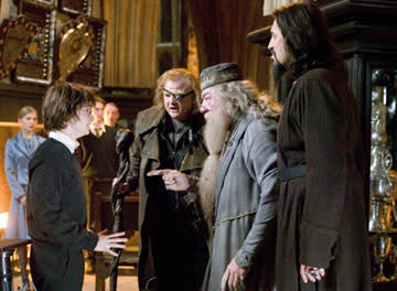 <p>Daniel Radcliffe as Harry Potter, Brendan Gleeson as Mad-Eye Moody, Michael Gambon as Professor Dumbledore and Pedja Bjelac as Karkaroff in Warner Bros. Pictures' Harry Potter and the Goblet of Fire - 2005</p>