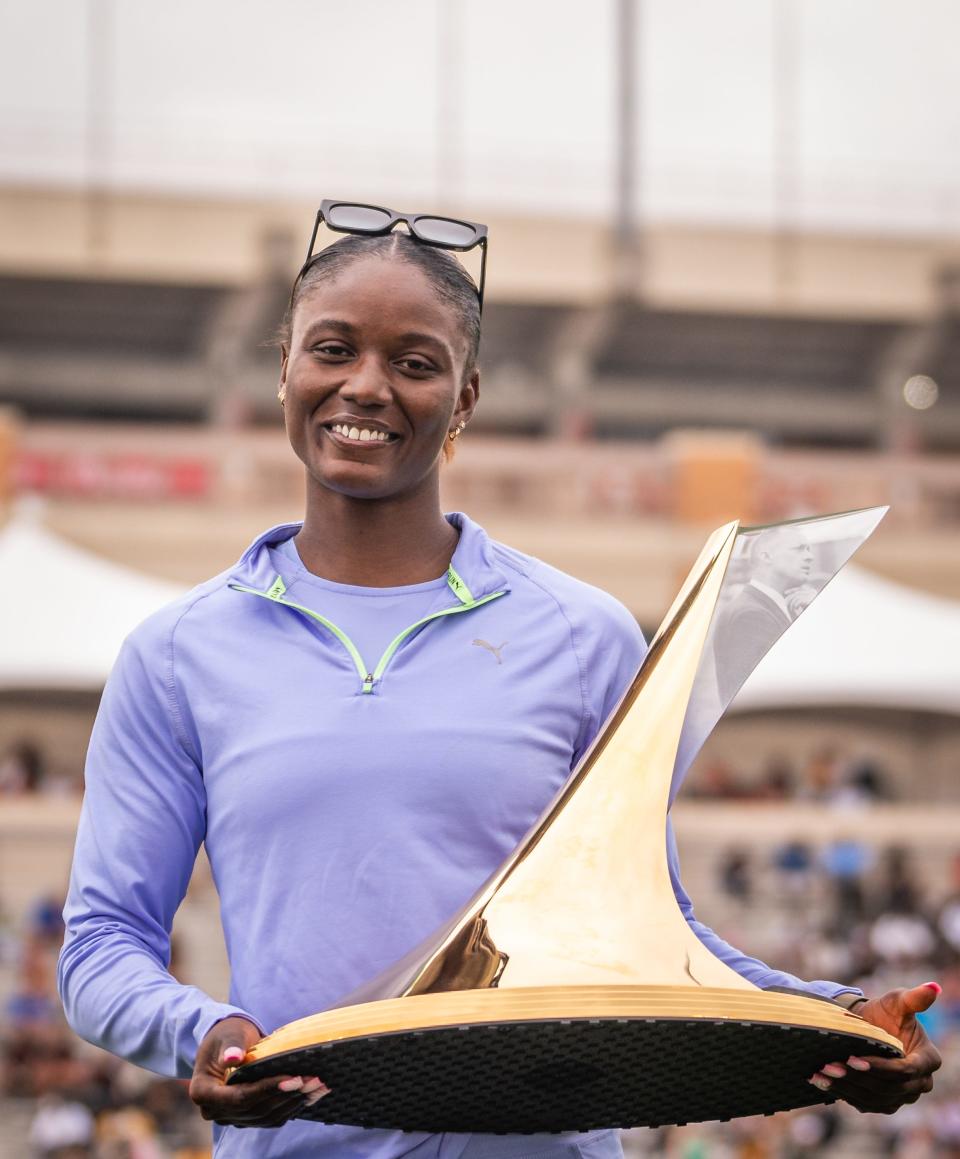 Julien Alfred, a former Longhorn and Bowerman Award winner, is honored on the final day of the 96th annual Texas Relays on Saturday at Meyers Stadium.