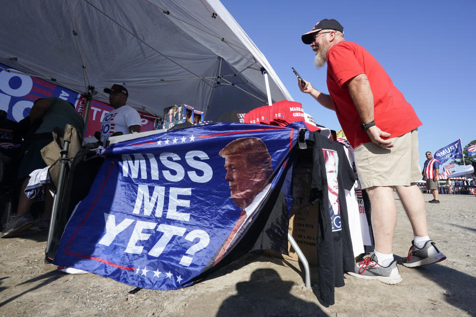 Vendors are setup early ahead of a campaign rally for Republican presidential candidate former President Donald Trump in Chesapeake, Va., Friday June 28, 2024. (AP Photo/Steve Helber)