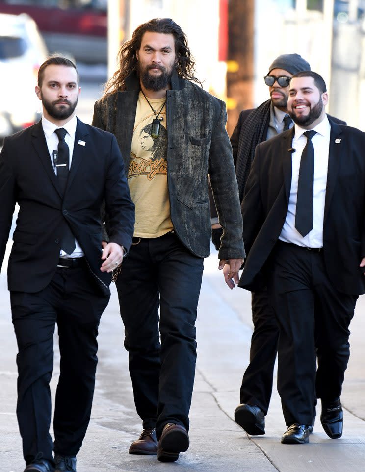 Jason Momoa wants everyone to know these guys are not his bodyguards. (Photo: PG/Bauer-Griffin/GC Images)