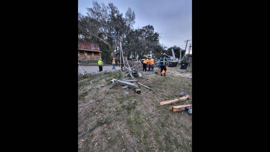 When a large tree came down in Beaufort Monday, it took three power poles with it. City of Beaufort