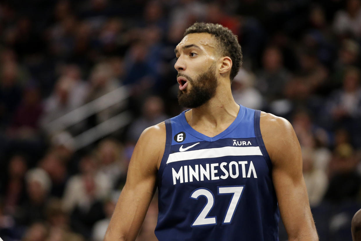 Minnesota Timberwolves center Rudy Gobert argues after receiving a technical foul against the Memphis Grizzlies in the first quarter of an NBA basketball game Wednesday, Nov. 30, 2022, in Minneapolis. (AP Photo/Andy Clayton-King)
