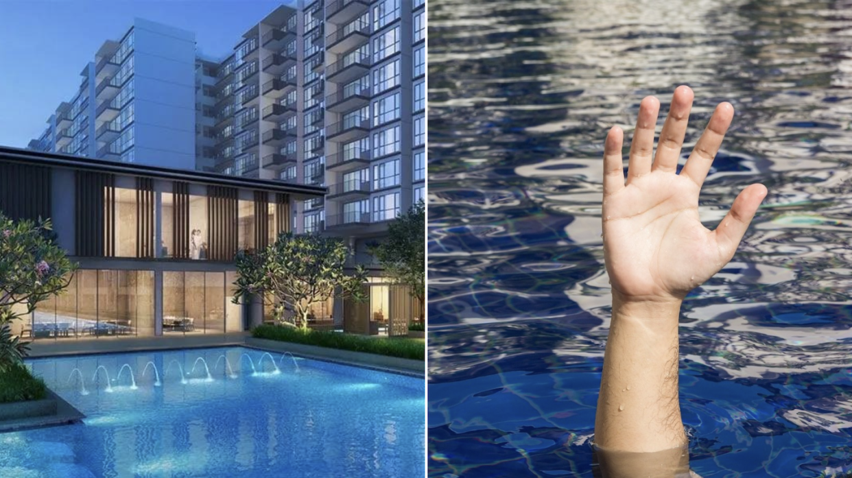 Artist impression of Treasure at Tampines condo where drowning accident happened (left) and hand of man in a swimming pool