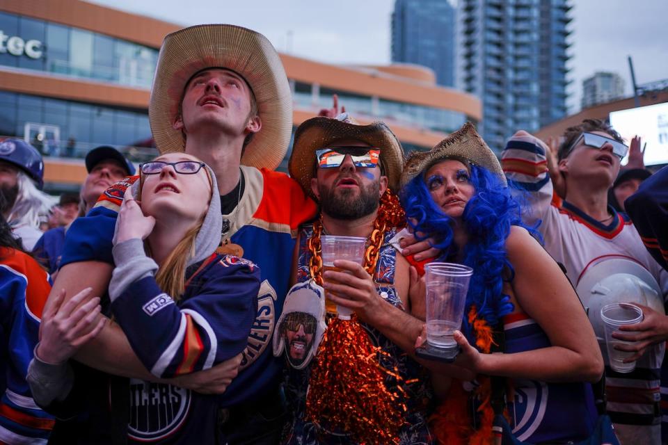 Edmonton Oilers fans watch on in the Ice District during the final minutes of Game 7 between the Edmonton Oilers and the Florida Panthers on Monday, June 24, 2024.