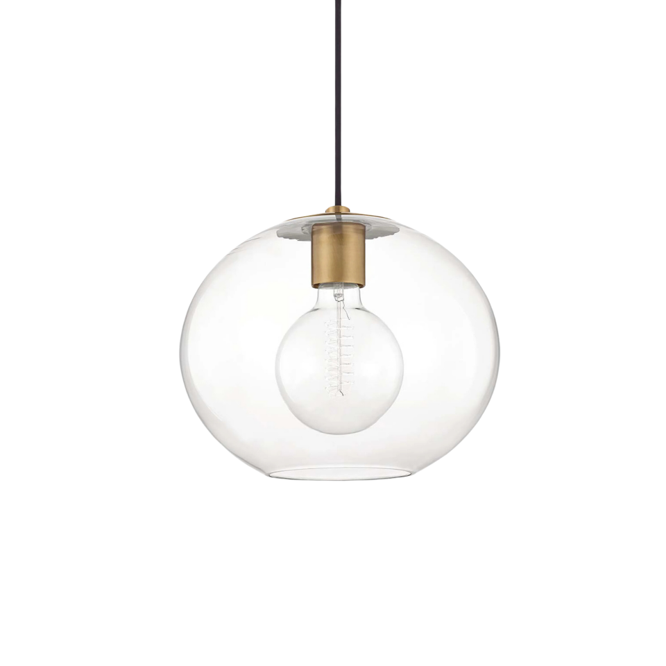 A glass pendant light bulb with brass finishings