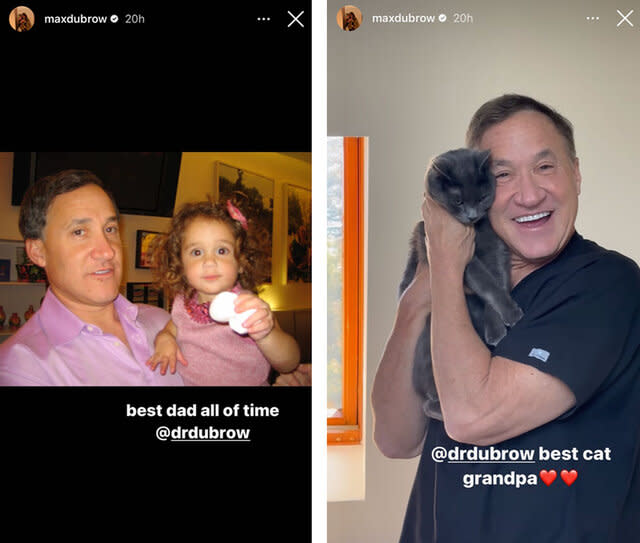 Split image of throwback photos of Terry Dubrow with daughter Max and Terry Dubrow with Max’s cat.