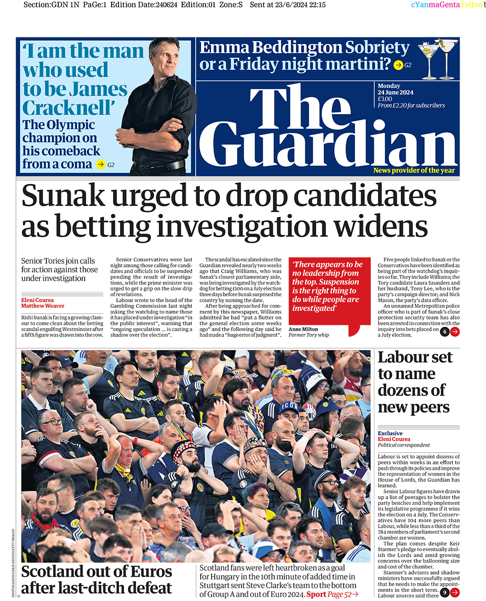 Guardian headline: "Sunak urged to drop candidates as betting investigation widens"