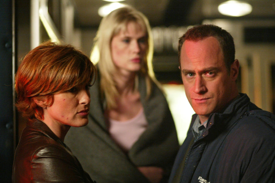 Mariska Hargitay as Detective Olivia Benson, Stephanie March as A.D.A. Alexandra Cabot, and Christopher Meloni as Detective Elliot Stabler in Law & Order: SVU.