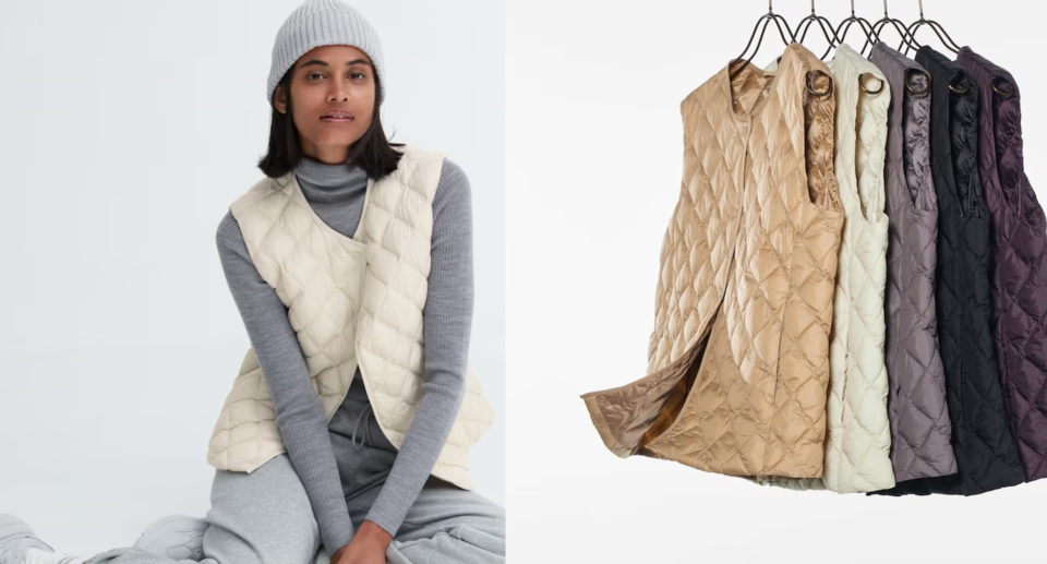 model in grey toque, shirt and sweatpants with white Pufftech Quilted Vest (photos via Uniqlo)