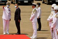 Taiwan's Defence Minister Chiu Kuo-cheng arrives at the launch ceremony for Taiwan Navy's domestically built amphibious transport dock "Yushan" in Kaohsiung