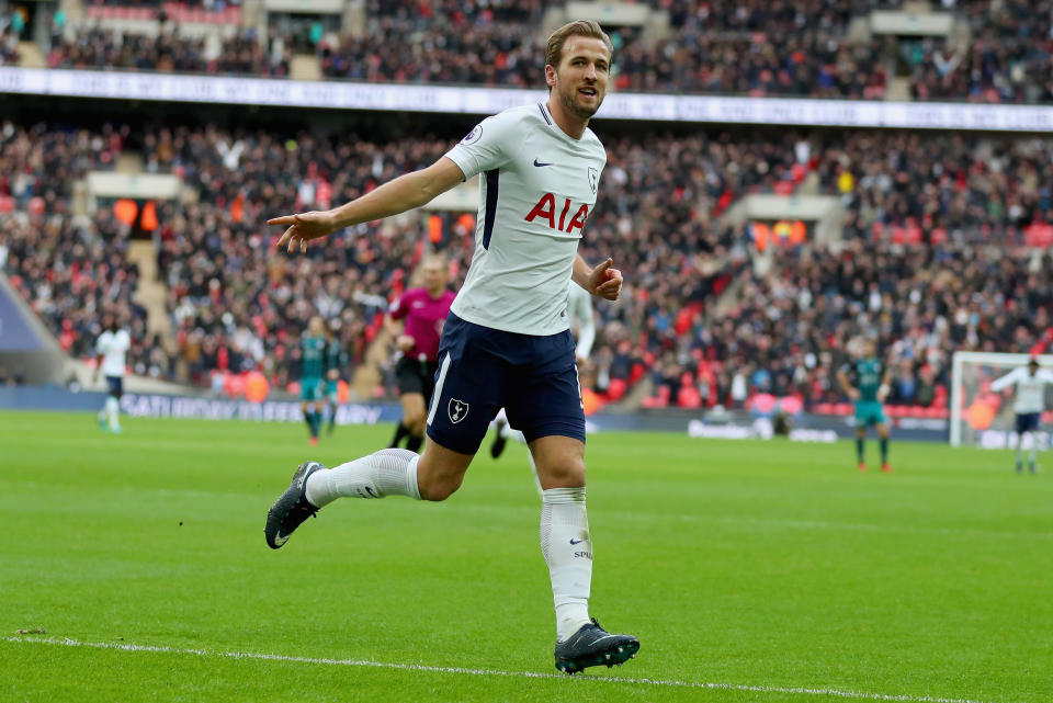 Harry Kane wheels awyu to celebrate his hat-trick goal