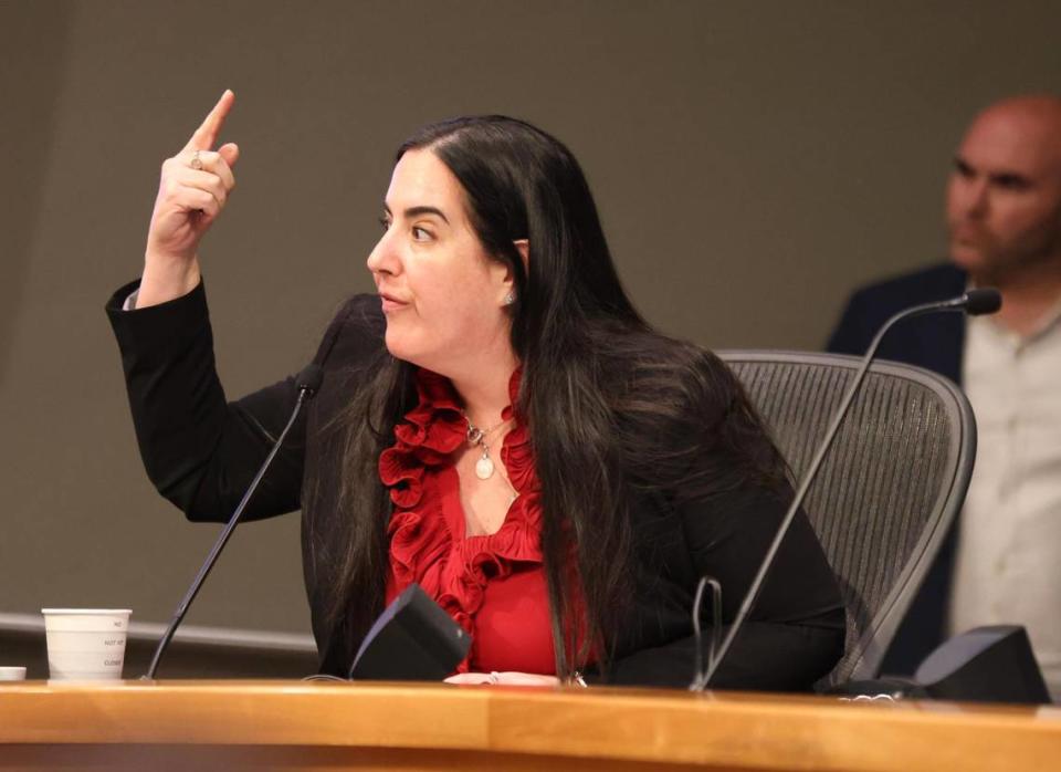 City Attorney Victoria Mendez answers questions regarding legal action regarding the State’s budget requirements during a special commission meeting regarding the city’s budget at Miami City Hall on Monday, December 11, 2023.