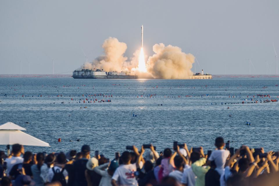 HAIYANG, CHINA - SEPTEMBER 05: A CERES 1 rocket, designed by Beijing-based private space launch enterprise Galactic Energy, carrying four satellites. which will be used to collect data, blasts off from a modified submersible ship in the Yellow Sea on September 5, 2023 in Haiyang, Yantai City, Shandong Province of China. (Photo by Chen Xiao/VCG via Getty Images)