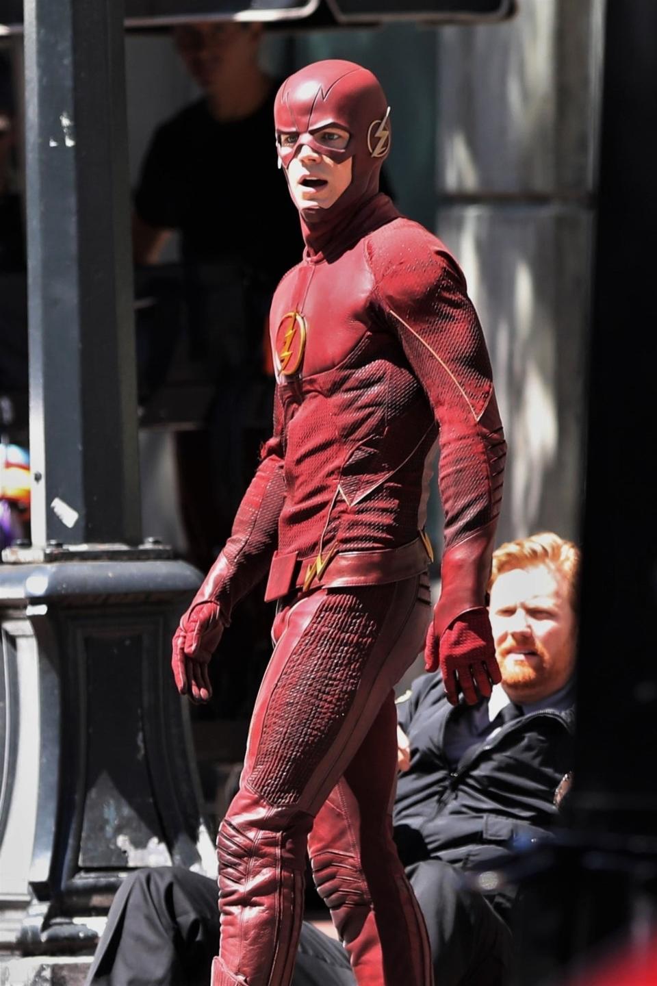 Actor Grant Gustin rocks his costume on the set of <em>The Flash</em> in Vancouver on July 19, 2018. (Photo: JKing/Backgrid USA)