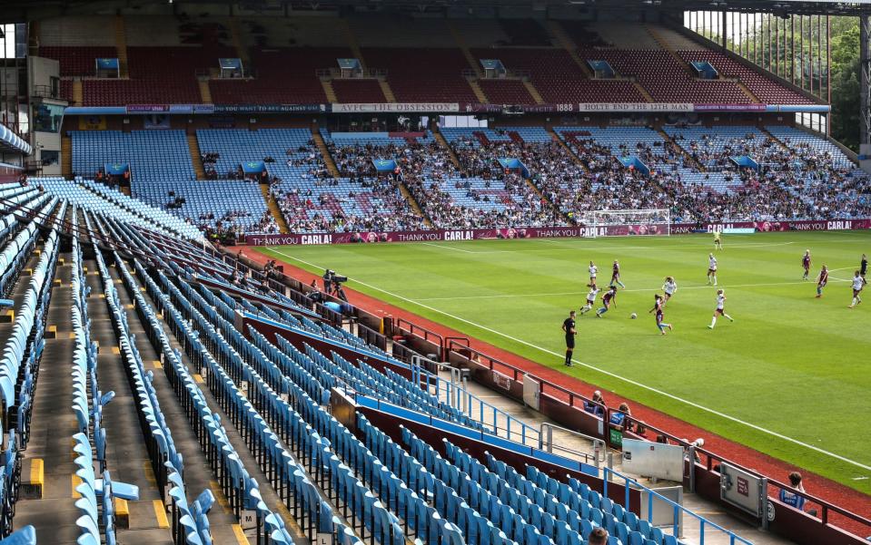 A general view (GV) of Villa Park with a small crowd and empty seats during the Barclays Women's Super League match between Aston Villa and Manchester City at Villa Park on May 18, 2024 in Birmingham, England