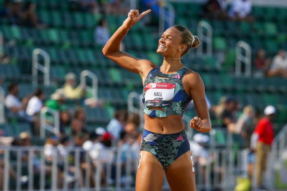 Anna Hall celebrates after finishing first in the women's heptathlon 800 meters to win the heptathlon at the USA Outdoor Track and Field Championships at Hayward Field in Eugene, Oregon on July 7, 2023.