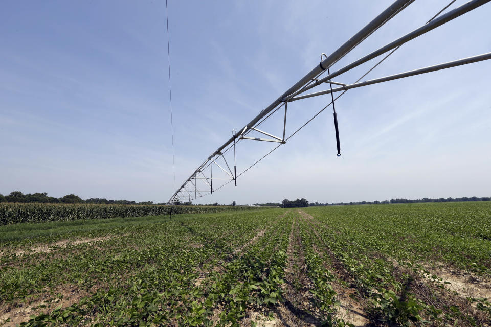 FILE - This Friday, July 21, 2017 photo shows an irrigation system at a farm in Farmville, N.C. The system is used to spray hog waste onto nearby crops instead of using commercial fertilizers. A study published on Thursday, Nov. 5, 2020 in the journal Science, says how we grow, eat and waste food is a big climate change problem that may keep the world from reaching its temperature-limiting goals. (AP Photo/Gerry Broome)