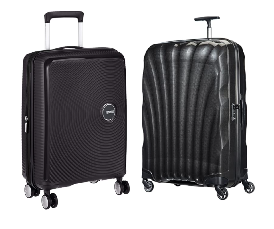 On the left, a charcoal ribbed American Tourister hard suitcase with the Samsonite charcoal ribbed suitcase on the right, against a white background.