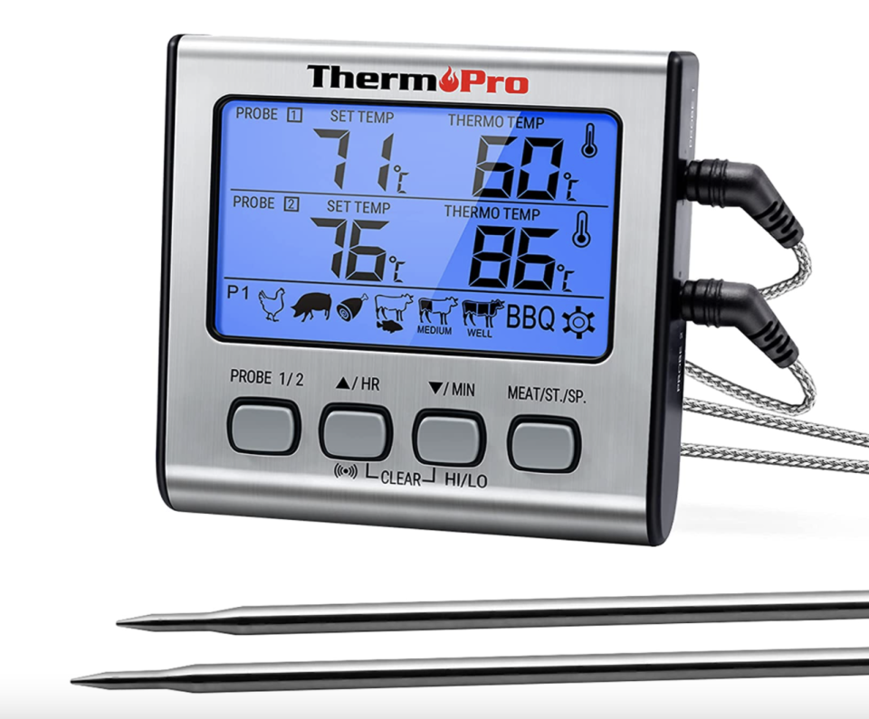 ThermoPro TP-17 Dual Probe Digital Cooking Meat Thermometer with blue screen and metal skewers (Photo via Amazon)