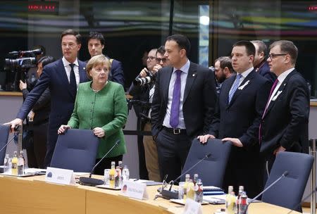 Netherland’s Prime Minister Mark Rutte, German Chancellor Angela Merkel, Ireland’s Prime Minister, Taoiseach Leo Varadkar, Estonia’s Prime Minister Juri Ratas and Finland’s Prime Minister Juha Sipila attend a European Union leaders summit in Brussels, Belgium, March 23, 2018. REUTERS/Francois Lenoir