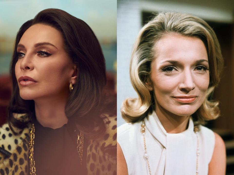 Calista Flockhart as Lee Radziwill in "Feud: Capote vs. The Swans"; Lee Radziwill circa 1968.