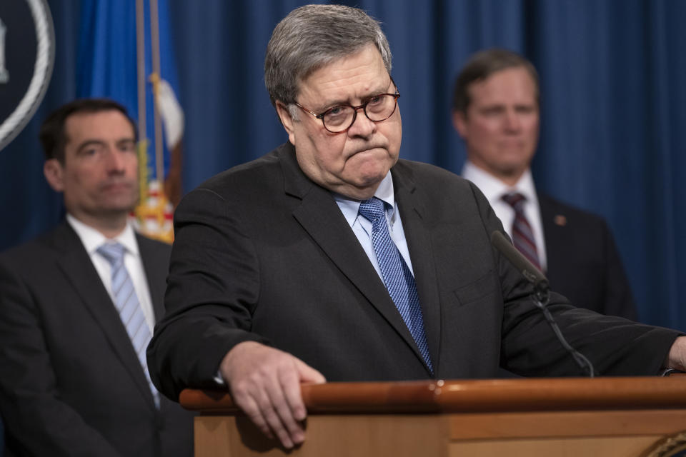 Attorney General William Barr speaks to reporters at the Justice Department in Washington, Monday, Jan. 13, 2020, to announce results of an investigation of the shootings at the Pensacola Naval Air Station in Florida. On Dec. 6, 2019, 21-year-old Saudi Air Force officer, 2nd Lt. Mohammed Alshamrani, opened fire at the naval base in Pensacola, killing three U.S. sailors and injuring eight other people. (AP Photo/J. Scott Applewhite)