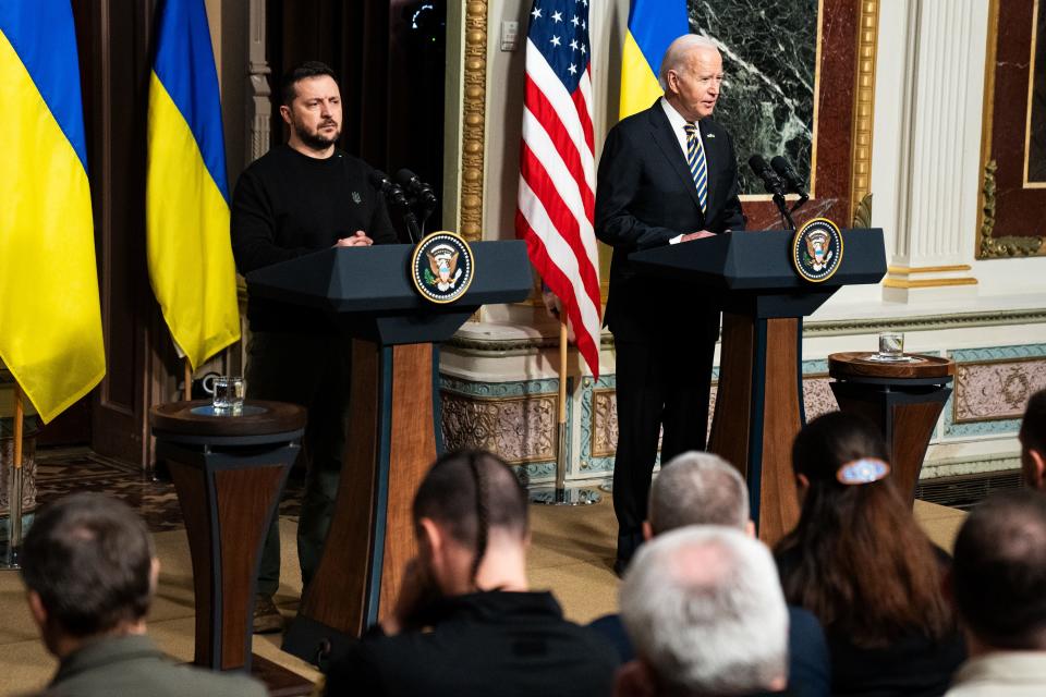 President Joe Biden meets with Ukrainian President Volodymyr Zelenskyy at the White House on Tuesday, Dec. 12, 2023.