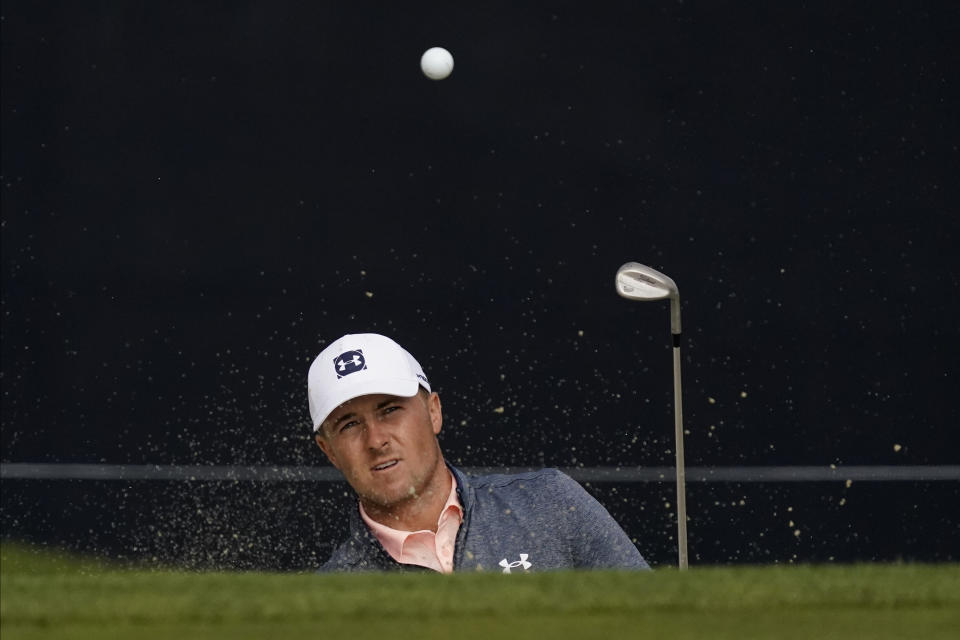 Jordan Spieth hits from the bunker on the 13th hole during the second round of the PGA Championship golf tournament at TPC Harding Park Friday, Aug. 7, 2020, in San Francisco. (AP Photo/Jeff Chiu)